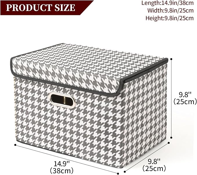 STOREONE Fabric Storage Cube Bins Foldable Organizer Container Collapsible Basket with Lids and Metal Handles, for Home, Bedroom, Closet 3 Pcs (Houndstooth)