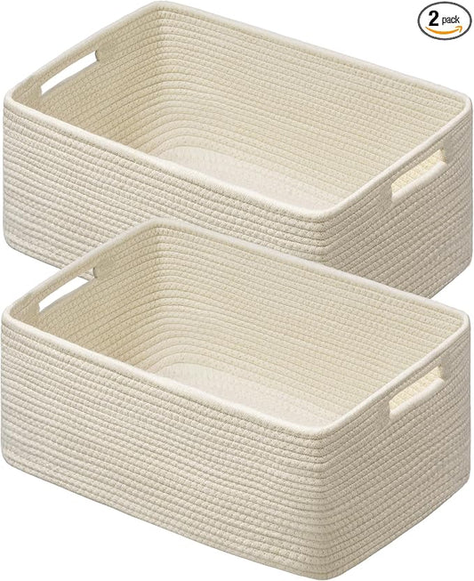 2 Pack Storage Baskets for Organizing, Large Woven Storage Basket, Beige | 17"Lx13"Wx7.5"H, Cotton Rope Basket, Toy Storage, Cube Shelf, Closet Shelf Organizer, Clothes Storage, Home Decor