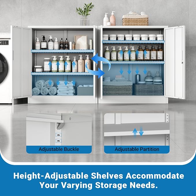 Metal Storage Cabinet, 36" Locking Cabinet with Adjustable Shelves for Garage, Office (White)