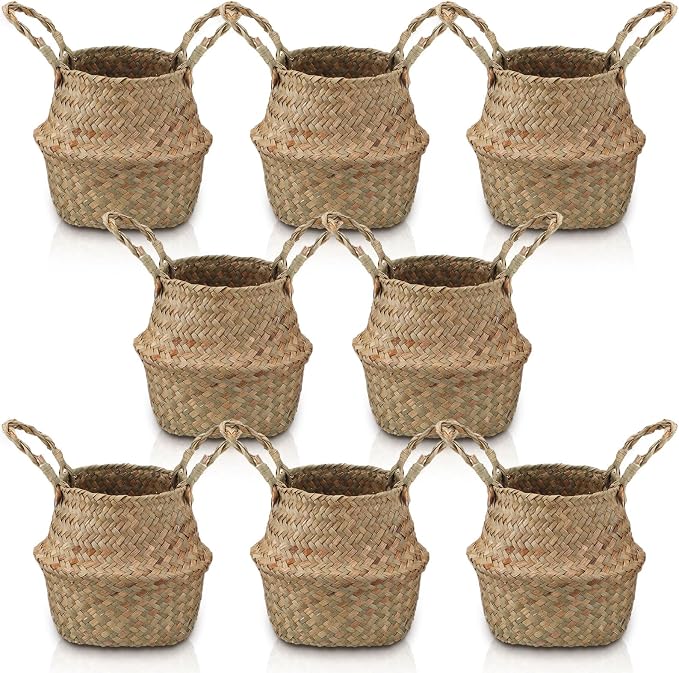Qunclay 8 Pcs Woven Seagrass Baskets Belly Basket Folding Boho Natural Plant Pot with Handles Round Decorative Wicker Large Indoor Planter for Home Outdoor Tree Planters Decor (XXS,6.3''dx5.5''h)