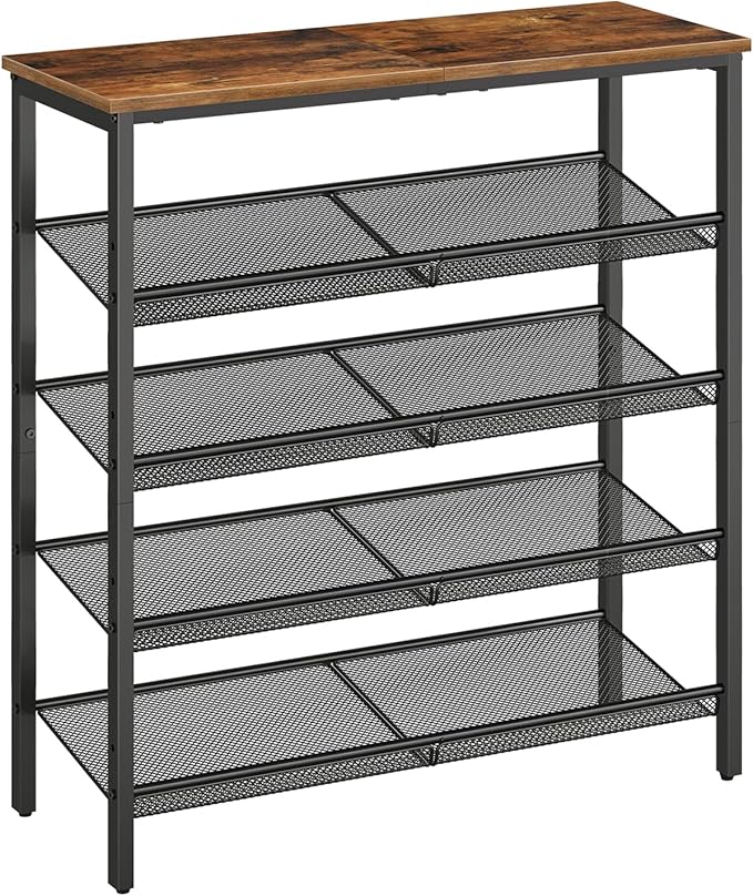 HOOBRO Shoe Rack for Entryway, 5-Tier Shoe Organizer with Adjustable Mesh Shelves, 16-20 Pairs of Shoes, Spacious Floor Mount, Metal, Industrial, Shoe Shelf for Closet, Rustic Brown BF12XJ01