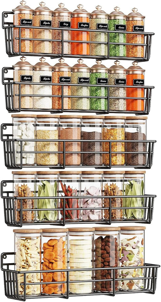 Mystozer 5 Pack Spice Rack Seasoning Organizer Wall Mount, Screw or Adhesive Hanging Shelf Basket Spice Organizer Shelf for Kitchen, Black