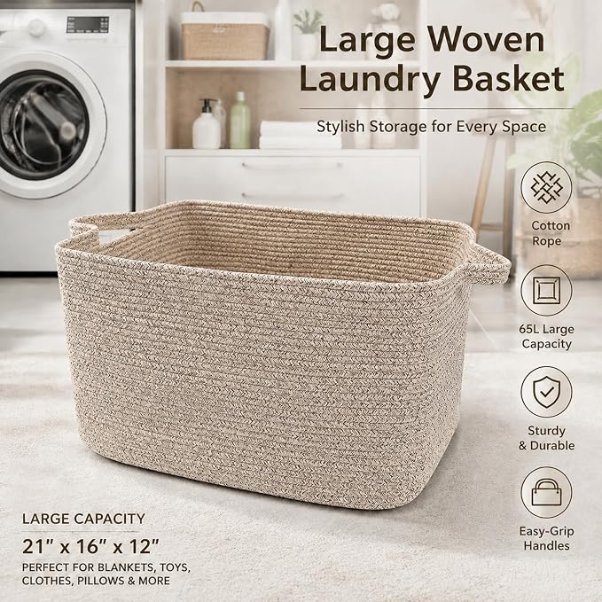 65L Collapsible Woven Rope Laundry Basket with Handles,Brown | 21x16x12 Foldable Rectangular Blanket Basket for Toys, Clothes & Pillows,Ideal for Nursery, Bathroom, Bedroom, Living Room