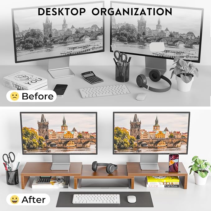 BONTEC Dual Monitor Stand Riser, Adjustable Length & Swivel Angle, Walnut | Ergonomic Wooden Desktop Organizer with Smartphone Holder, Computer Monitor Stand for PC, Laptop, Printer and Large Storage