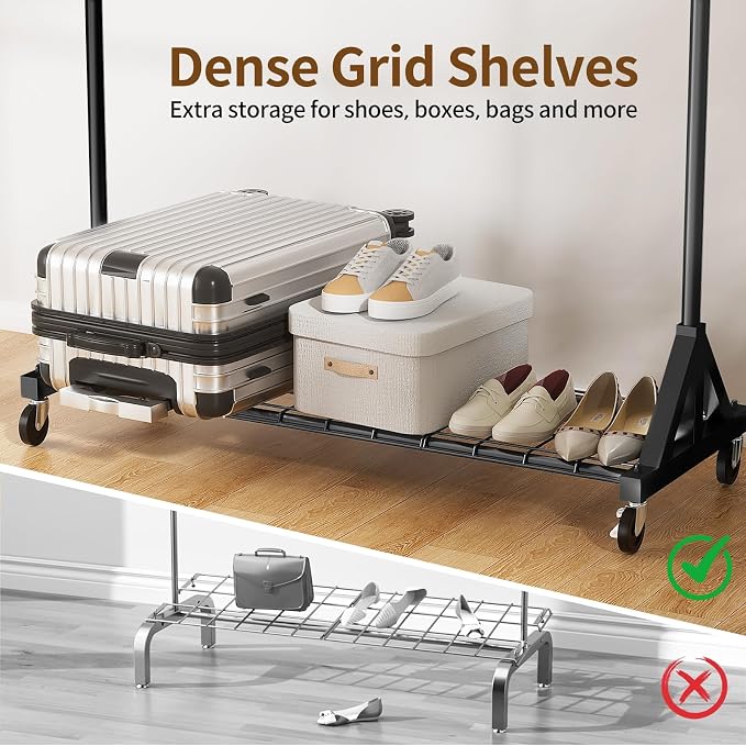 Luxspire Heavy Duty Clothes Rack with Lockable Wheels Load 600 LBS, Black | Double hanging rods, heavy-duty iron mesh frame, adjustable extendable rods, ideal for laundry room & bedroom garment storage