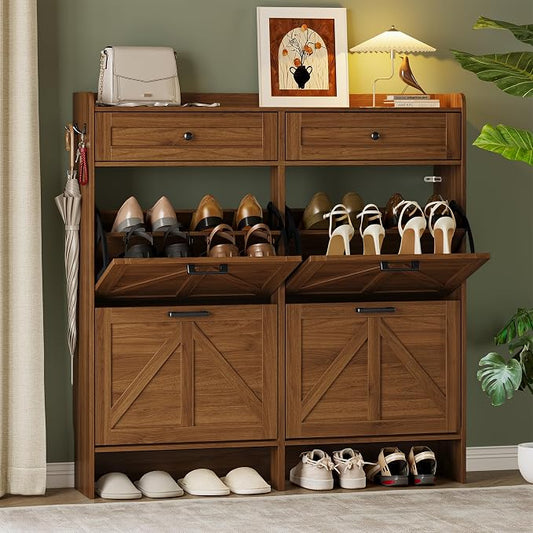 BORNOON Shoe Storage Cabinet for Entryway, Farmhouse Wide Shoe Cabinet with 4 Flip Drawers and 2 Top Drawers, Freestanding Organizer with Adjustable Shelves, Hooks, and Anti-Tip Kit for Hallway