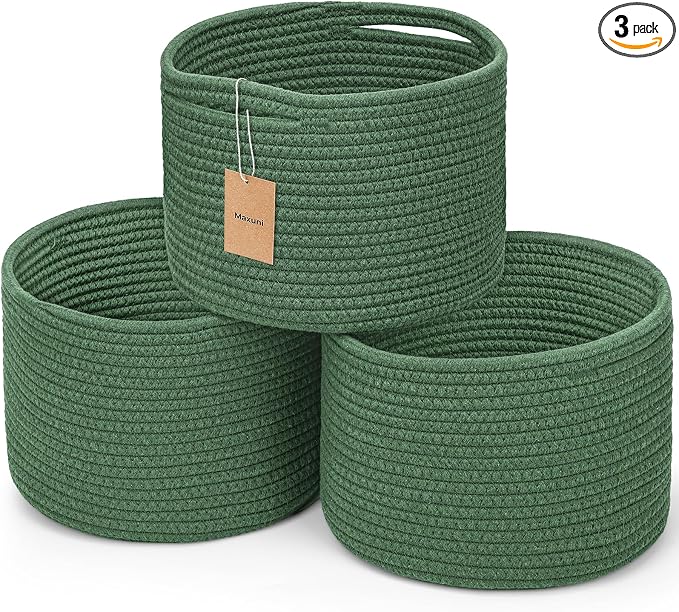 3 Pack Small Rope Storage Baskets, 9.82×9.82×7.1", Green | Cotton Basket for Gifts Empty, Cute Round Woven Basket, Decorative Shelf Basket Organizer, Organizing Basket for Shelves