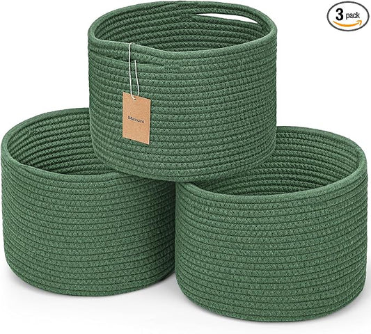 3 Pack Small Rope Storage Baskets, 9.82×9.82×7.1", Green | Cotton Basket for Gifts Empty, Cute Round Woven Basket, Decorative Shelf Basket Organizer, Organizing Basket for Shelves
