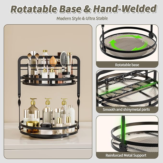 360 Rotating Makeup Organizer,Perfume Organizer, Bathroom Counter Organizer | 2-Tier Large Capacity Gold Vanity Organizer for Dresser,Perfume Shelf with Makeup Brush Holder Stores Skincare and Cosmetics