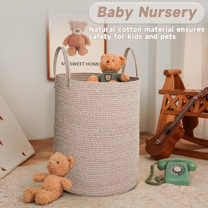 JMvicyroam 80L Cotton Rope Laundry Basket Hamper, Oatmeal | Collapsible laundry basket, reinforced handles, freestanding, machine washable, holds 3-5 thick blankets, clothes or toys