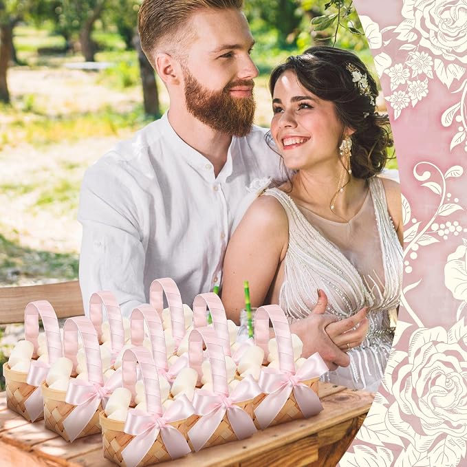 12 Pcs Mini Flower Girl Basket Mini Woven Baskets with Handles Wood Chip Flower Fruit Picnic Holder with Pink Ribbon Chip Bucket for Wedding Party Gifts Baby Shower Birthday Party Decoration