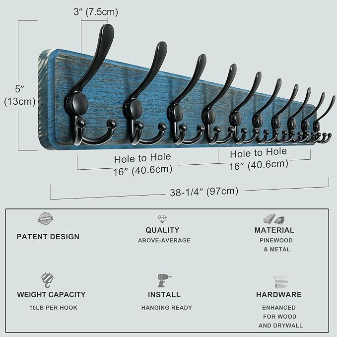 Coat Rack Wall - Heavy-Duty 38-1/4" Long, with Reinforced 10 Custom Tri-Hooks, Solid Wood Wall Hanger for Coats Hat Jackets - Rustic Farmhouse Entryway Hallway Storage, Weathered Blue & Black