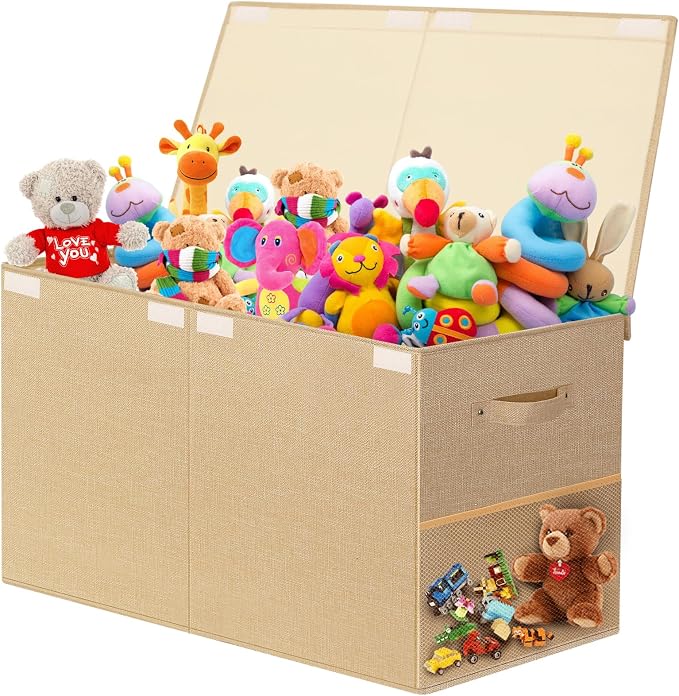 Large Toy Storage Box with Lid Upgraded Toy Chest Organizer with Removable PP Divider Foldable Toy Bin for Kids Boys Girls Linen Fabric Toy Box for Playroom Nursery Bedroom (25"x13"x16")