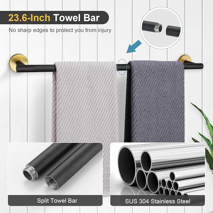 TQKAG Black and Gold Bathroom Accessory Set 5 Pieces, Round Stainless Steel Bath Towel Bar Set 23.6 Inch Towel Racks for Bathroom Wall Mounted