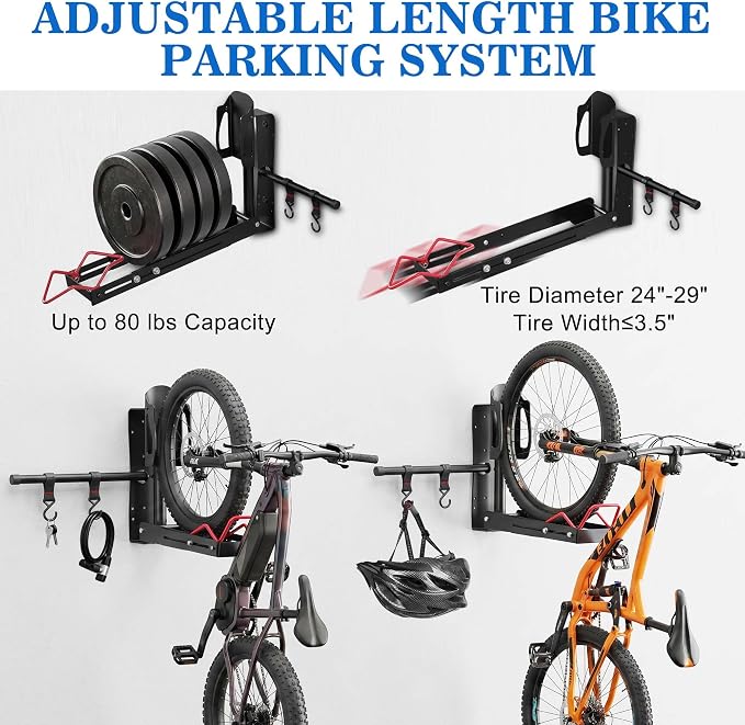 Swivel Bike Wall Mount,No Lift Bike Hangers with Two Extra Storage Hooks | Space Saving Vertical Bike Rack for Home & Garage, Easy to Load and Unload, Bike Rack Garage Hold Up to 80 lbs
