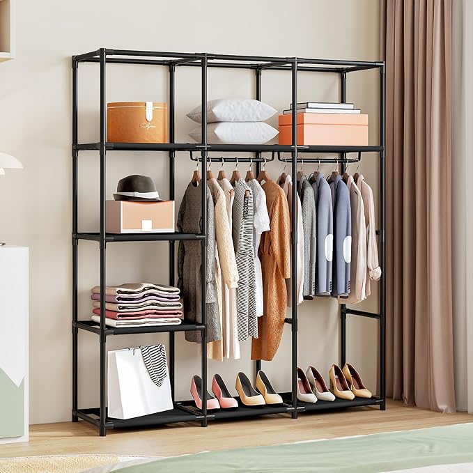 SORCEDAS Portable Closet Wardrobe with Hanging Rods Shelves Clothes Storage | 51 Inch Closet Organizers and Storage with Non-Fabric Cover,Freestanding Clothes Closet for Bedroom,dorm,Storage Rooms Black