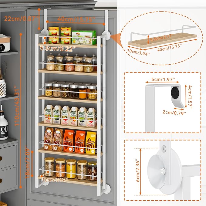 IBUYKE Over the Door Spice Organizer,Door or Wall Mount,Natural TLJ028R | 6 Tier Wall Mounted Spice Rack Adjustable Hanging Storage Shelves Spice Organization for Kitchen cabinet Bathroom Closet