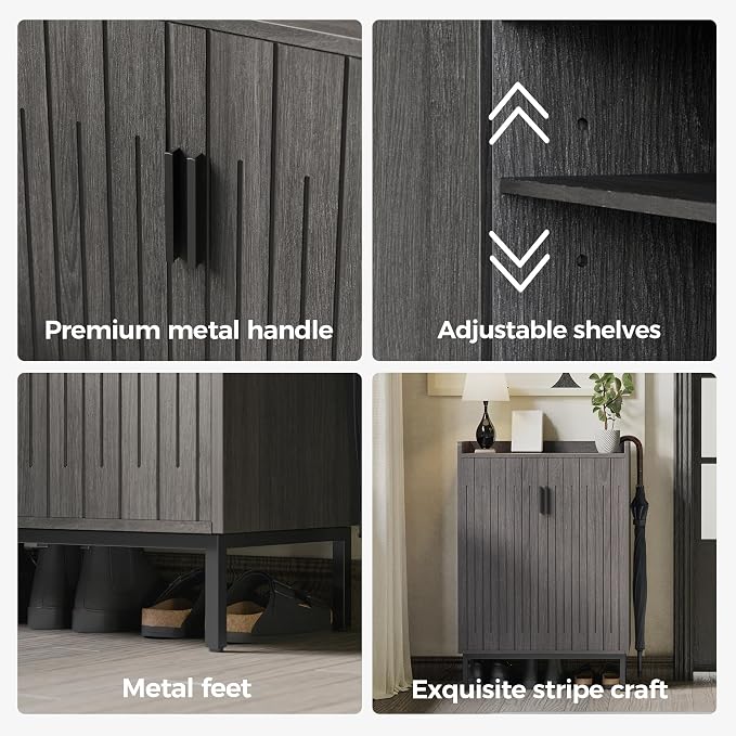 Shoe Cabinet with Metal Legs, Farmhouse Large 5-Tier Shoe Storage Cabinet with Doors, Wooden Shoe Organizer for Entryway, Hallway (2 Door Shoe Cabinet, Black Oak-Modern)