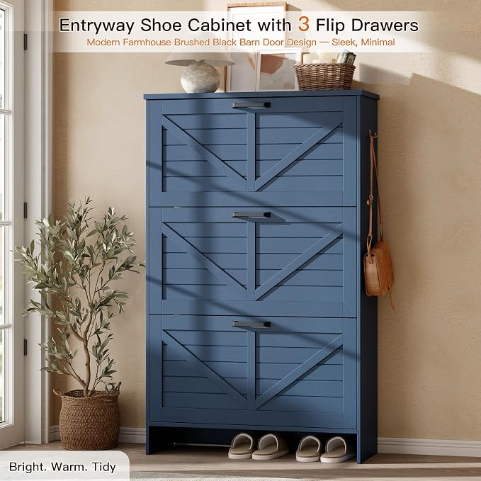 Nicetree Farmhouse Blue Shoe Cabinet – Ultra Slim 3-Drawer Flip Organizer with Shaker Barn Door Accent, 3-Tier Adjustable Shelves, and Sturdy Freestanding Frame – Space Saving