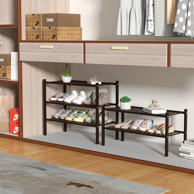 ROMGUAR CRAFT 2 Tier Bamboo Shoe Rack for Closet Free Standing Wood Shoe Shelf for Entryway Small Space Stackable 27"x11"x13" (Brown)