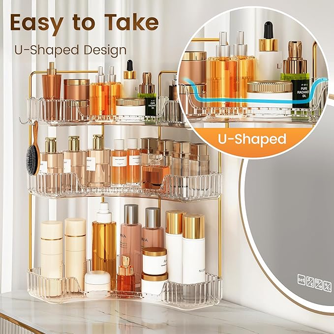 Corner Bathroom Counter Organizer 3-Tier Bathroom Organizer | Storage Countertop with Hooks Perfume Organizers Storage Shelf for Makeup & Skincare Dresser-Clear