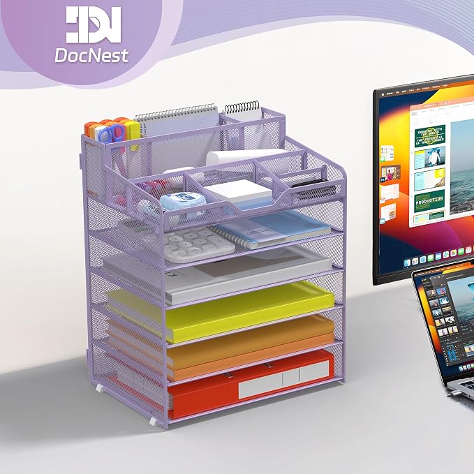 Docnest 6 Tier Mesh Desk Organizer with Letter Tray & Paper Sorter, Purple | Features 3 built-in pen holders & 5 adjustable compartments on top. Includes 4 non-slip rubber feet for desk protection