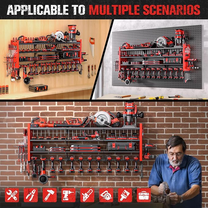 49.8" Power Tool Organizer Wall Mount,Holds 14 Cordless Drills | Large 4-Tier Tool Storage Rack, Heavy Duty 450 lb Load Capacity for Garage Workshop, Black, Gift for Men