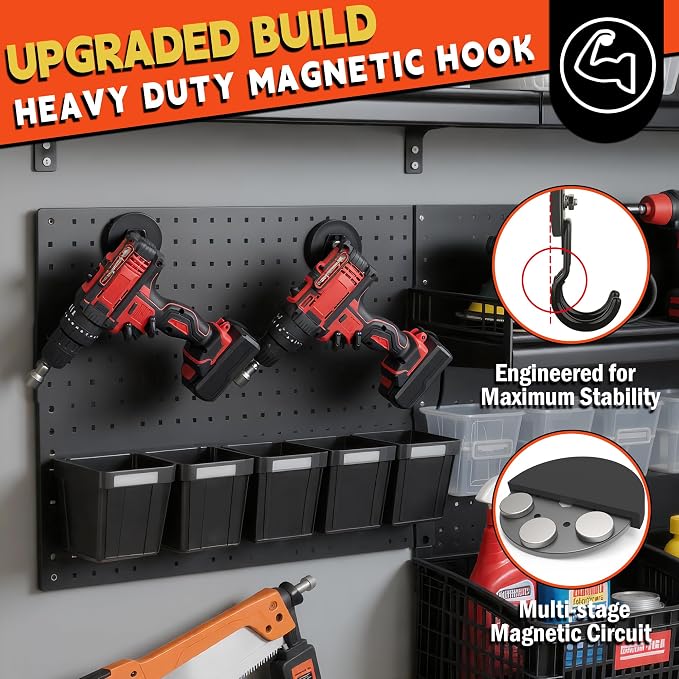 ULIBERMAGNET New Upgraded Garage Magnetic Hooks, 2 Pack Black Heavy Duty Large J Hooks with Magnet, Black Strong Anti-Slip Coating Magnet Hooks for Garden Tools, Ropes,Drill,Metal Cabinet,Pegboard