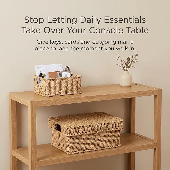 Wicker Storage Basket with Lid for Shelves, Set of 2, Natural | One rectangular wicker basket with lid and one open basket for decorative shelf storage; removable lid flips into a tray.