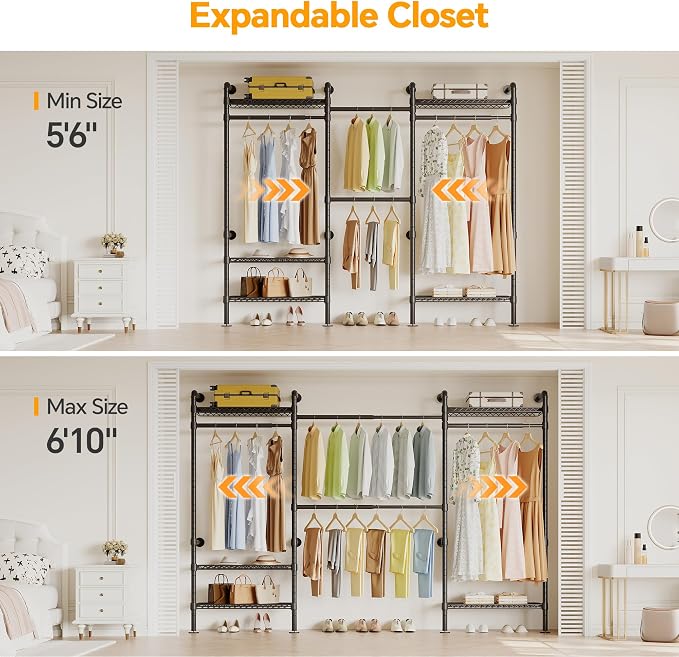 Higeego W3 Wall Mounted Clothes Rack, Industrial Pipe Clothing Rack, Black | Closet Rack Wall Mounted, Expandable Hanger Rods, Adjustable Closet Shelving, Heavy Duty Clothes Rack, Closet Organizer