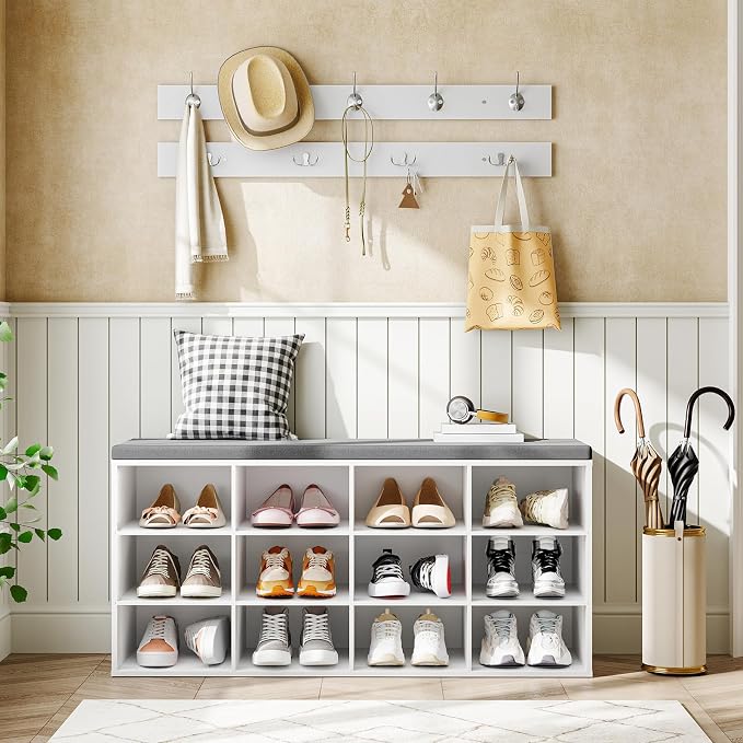 HOOBRO Shoe Storage Bench with Cushion, 39.4" L Entryway Bench with 12 Cubbies, Entryway Hall Tree with Storage, Cubby Shoe Rack Bench with Coat Rack for Hallway, Holds up to 330 lb, White WT112HX01