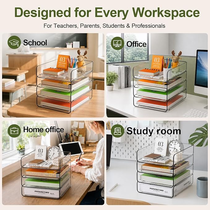 FANXIYQ 4-Tier Acrylic Paper Tray Organizer, Clear Stackable Desk File Organizer for Documents, Files, Letters, A4 Paper, Books, Notes, Mail & Paper Storage, Office Classroom Home