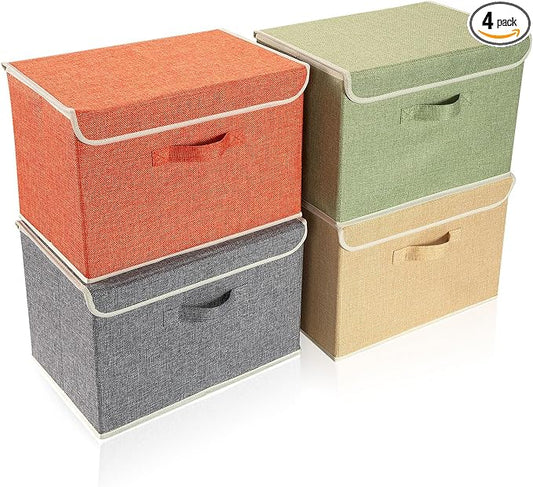 Storage Bins with Lid, Foldable Clothing Storage Box case with Handle for Books, Closet, Bedroom, Home, 4 Color Set A, 15L x 10W x 10H inch
