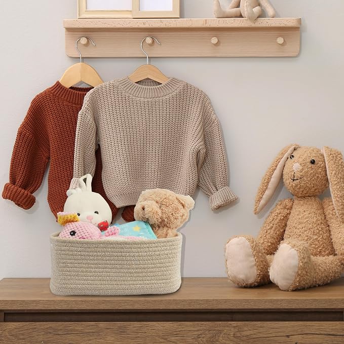 XUANGUO Small Woven Storage Baskets for Shelves, 12" x 8" x 5", Oatmeal | Decorative rope storage bins for closets and toy storage; cute organizer baskets, empty gift baskets and nursery storage.