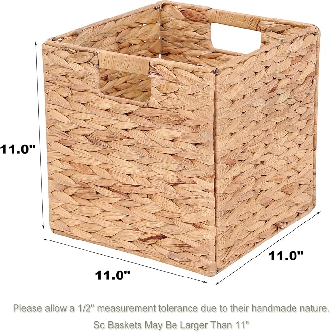 Water Hyacinth Storage Baskets 11x11x11 Inch Wicker Storage Cubes Set of 2 | Handwoven Foldable Wicker Cubes with Sturdy Handles, Rustic Laundry Organizer for Bedroom Shelves, Kitchen, Bathroom