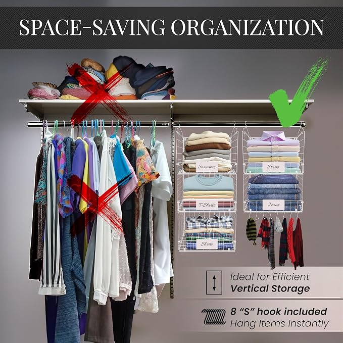 DECOLURE 5-Tier Adjustable Hanging Closet Organizer – Maximize Hanging Storage w/ 4 Hanging Hooks, 8 S Hooks & 5 Name Plates - Sturdy Foldable Wire Storage Hanging Shelves for Clothes, Towels (White)