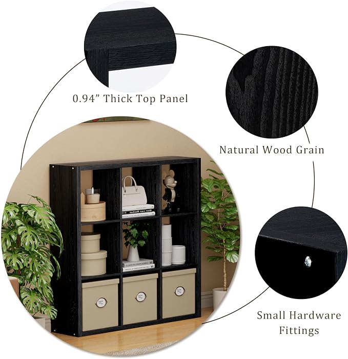 VDNEND Cube Storage Organizer Bookcase, Decorative 11 inch Open Back Cubical Shelf with Thickened Border, Display Bookshelf for Living Room, Home Office, Sturdy Room (Black, 9 Cube)