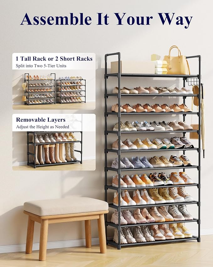 Kitsure 10 Tier Shoe Rack, Tall Shoe Organizer, 32.2" Wide, Black | Large-Capacity Shoe Storage with Hooks, Shoe Shelf for Closet, Entryway, Bedroom, Living Room, Zapateras Organizer