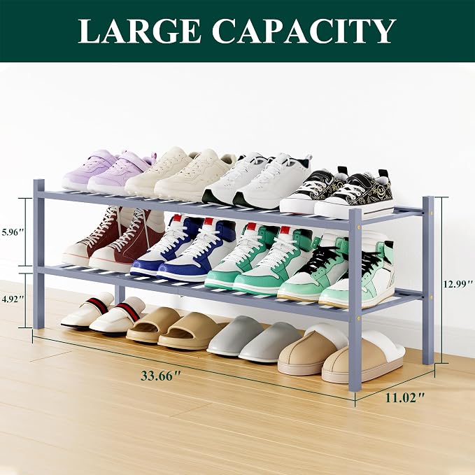 Smiry Bamboo Shoe Rack, 12 Vertical Slats, 2 Tier - 33.7" Wide, Grey | Stackable Free Standing Wooden Shoe Organizer, Wood Shoe Storage Shelf for Closet, Entryway