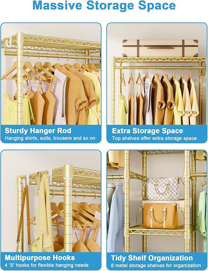 Ulif E4 Clothes Rack, Heavy-Duty Garment Rack Can Be L-Shaped Closet, Gold | Metal Freestanding Clothing Organization Storage System with Shelves and Hangers, Load 962lbs, 70.8"W x 14.5"D x 79.3"H