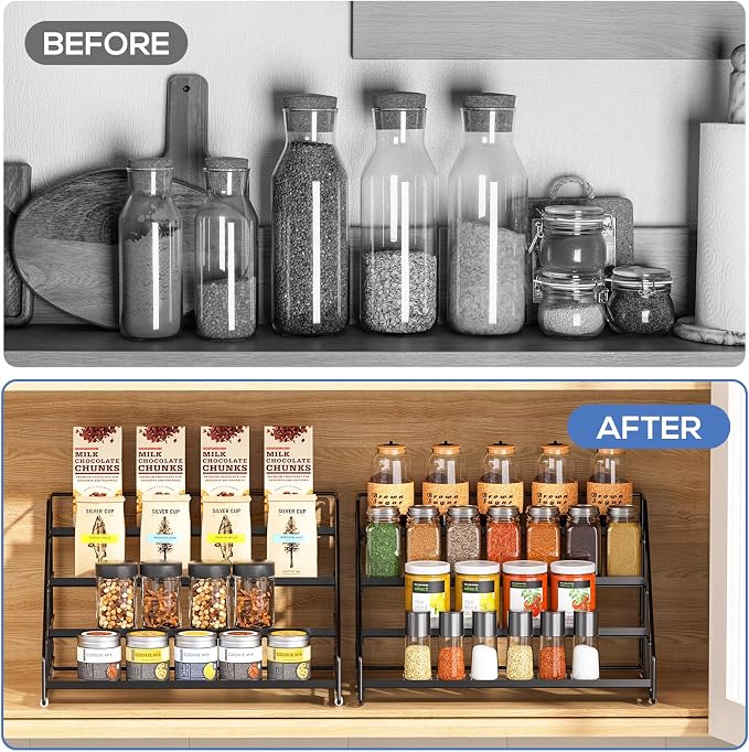 Spice Rack Organizer for Cabinet, 4 Tiered Spice Rack Organizer, Tiered Adjustable Spice Shelf for Kitchen Countertop Organization, Bright Black