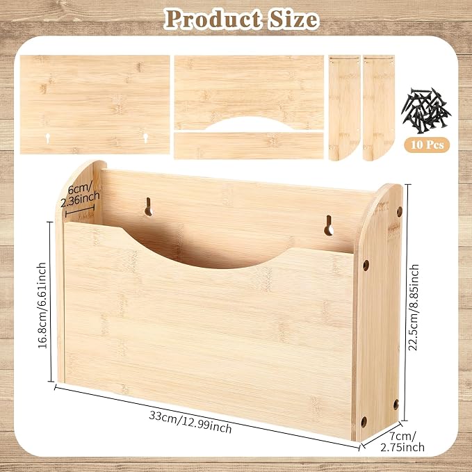 Suzile Wall Mounted File Holder Wood Magazine Holder Wall Hanging File Organizer for Office Mail Magazine Letter Paper Folder Organization (Wood Color)
