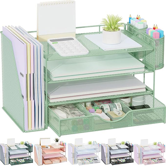 gianotter 4-Tier Desk Organizer with Drawers, File Holders, Letter Trays and Pen Holders - Workspace Accessories for Office Supplies (Sage Green)