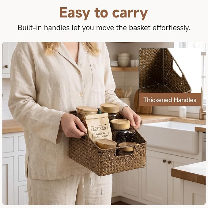 StorageWorks Pantry Baskets for Organizing, Wicker Baskets with Handles, Seagrass Storage Basket for Shelves, Woven Baskets for Pantry Storage, Brown, 2-Pack
