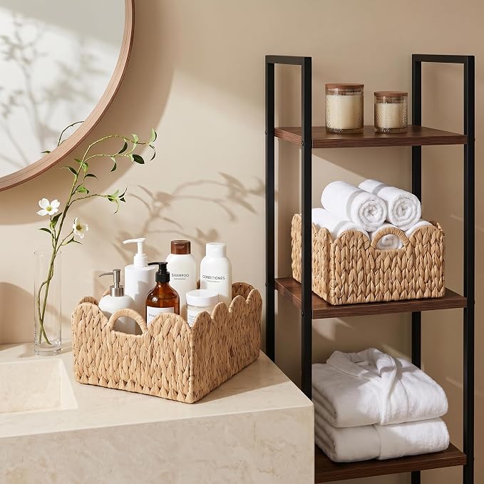 Scalloped Edge Wicker Basket, Hand-woven Rattan Storage Baskets with Built-in Handles, Water Hyacinth Basket for Organizing and Decor, 2 Pack (15" L x 11" W x 7" H)