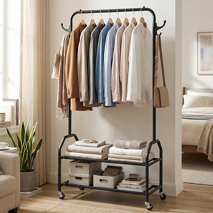 EVLIQUIL Metal Garment Rack with 2-Tier Shelves, Wheels & Side Hooks, Black