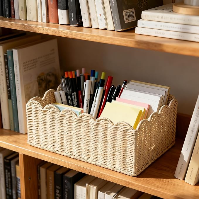 Scalloped Basket, Wicker Storage Baskets, Hand Woven Baskets for Shelves,Natural Baskets for Organizing (Rattan&M-14" L x 10.5" W x 6" H)