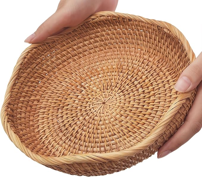8.7" Wave Small Wicker Basket, Natural Rattan Bread & Fruit & Key Bowl | Well-Made Handwoven Natural Basket, Versatile Decorative Key Bowl for Entryway Table, Kitchen Counter, Bedside, Living Room