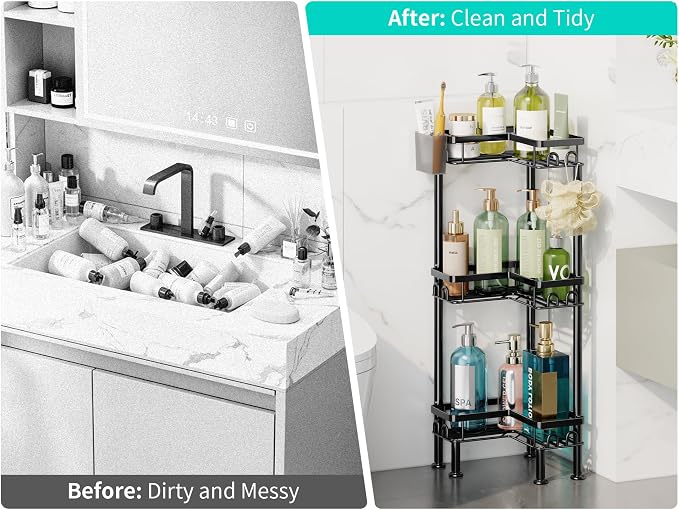 HapiRm Standing Shower Caddy Corner - 3 Tier Corner Shower Organizer with Toothbrush Holder and 12 Hooks, Large Capacity Rustproof Bathroom Shelves for Tall Bottles, Black
