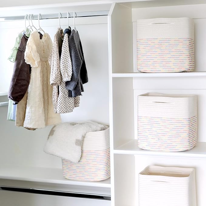 NaturalCozy Storage Cubes 11 Inch Cotton Rope Woven Baskets for Organizing, 3-Pack | Cube Storage Bin | Square Storage Baskets for Shelves Organizer, Classroom, Kids Toy Bins, Closet, Baby Nursery